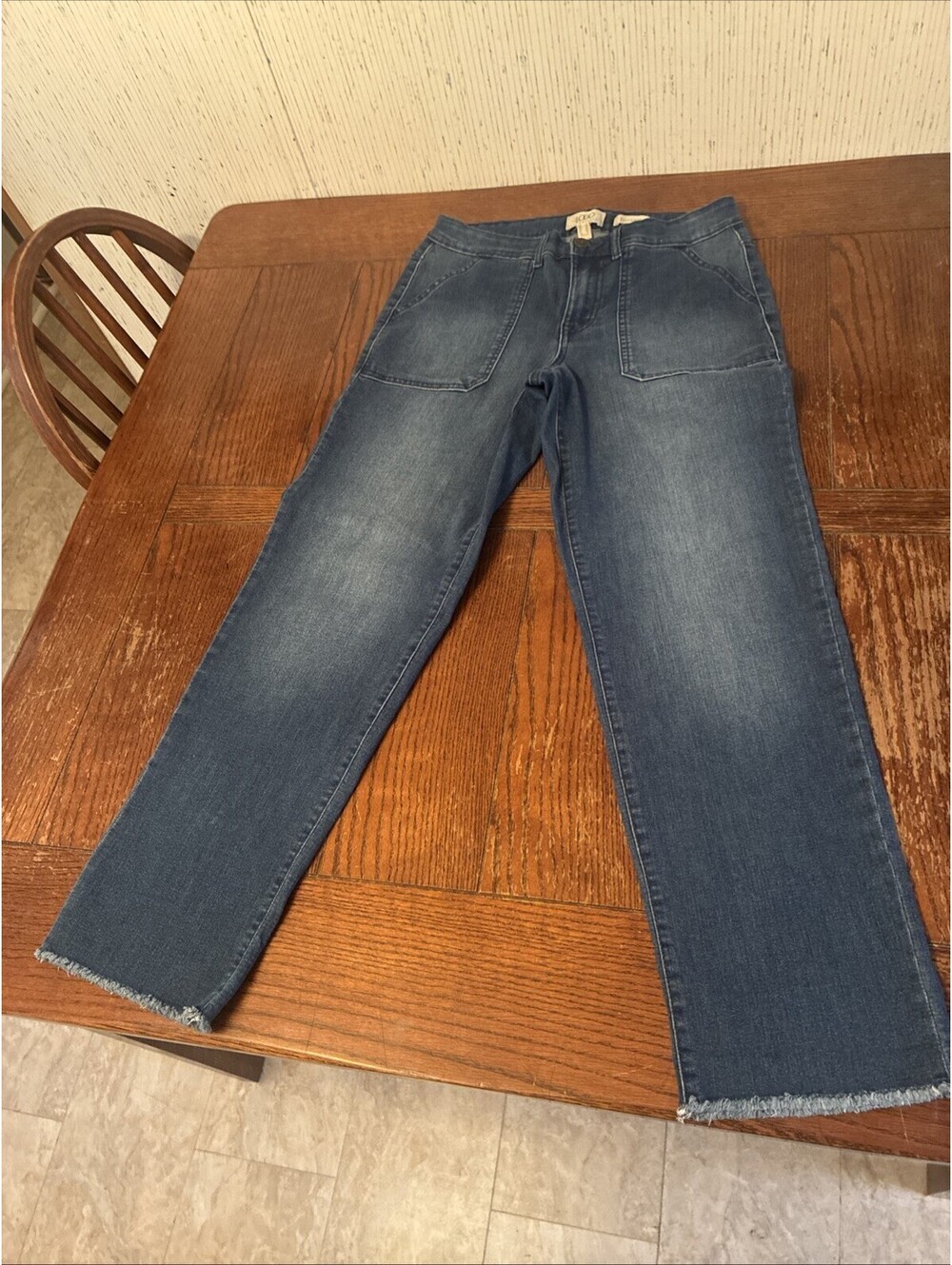 Logo Lori Goldstein Boyfriend Jeans Women’s 6 Medium Wash Frayed Hem Button Zip